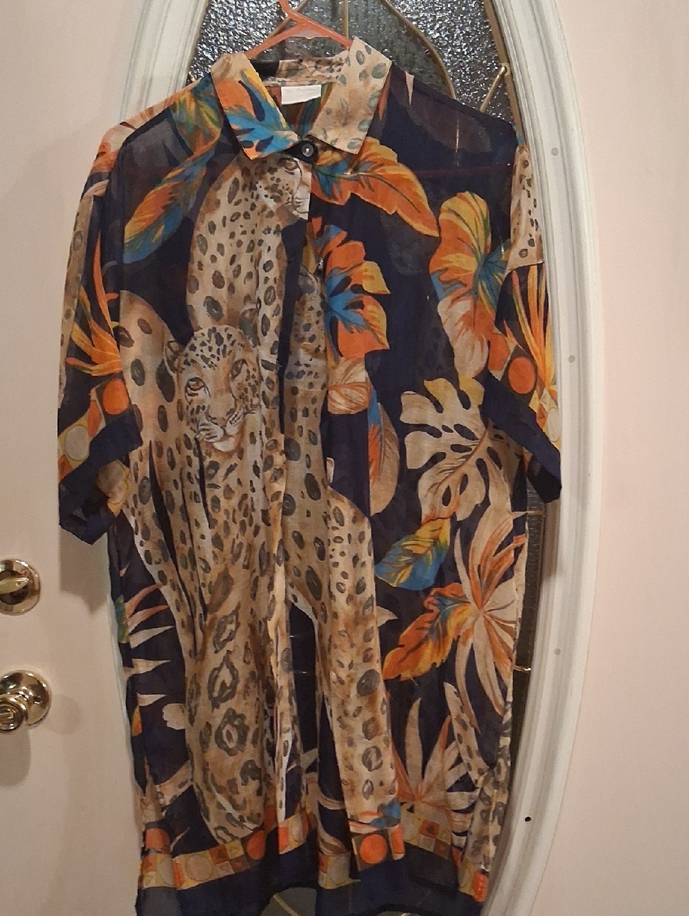 Women's Tropical Leopard Print Tunic - Navy & Orange